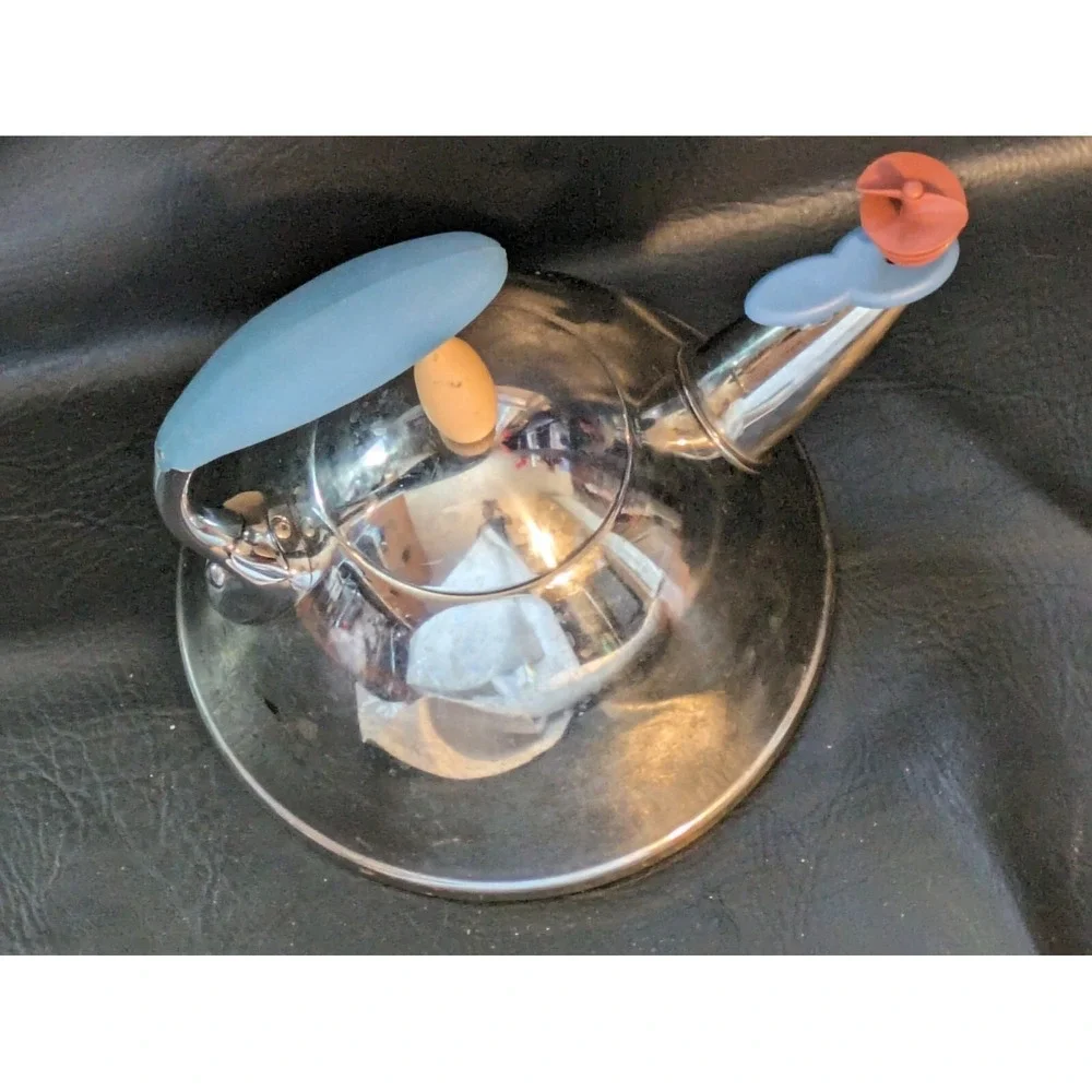 Vintage Alessi Michael Graves Chrome Silver Red Bird Blue Handle Teapot Italy